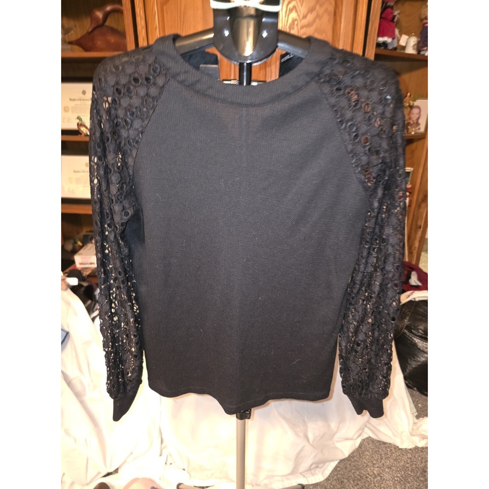 Miholl‎ Sweater With Lace Sleeves Size L. 21-26" PTP, Zip Back At Neck, 27"...